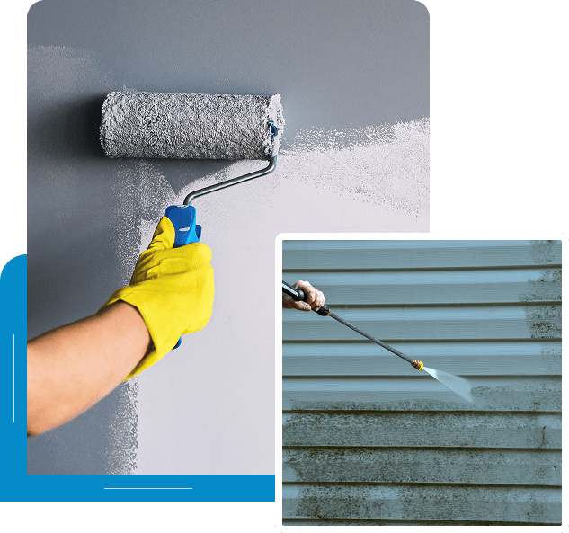 Painting and cleaning house siding with tools.