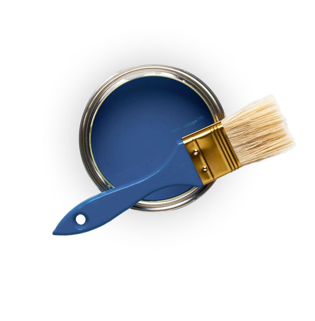 Blue paint can with brush on black.