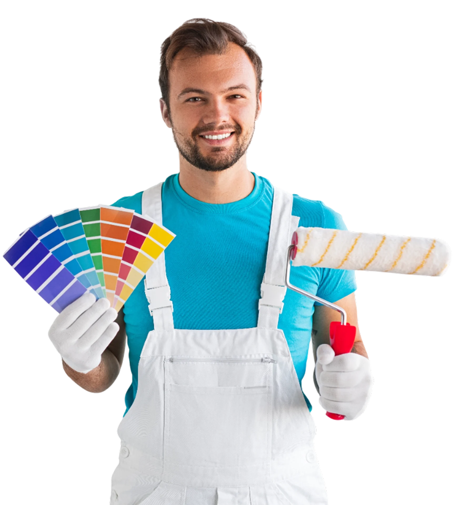 Painter holding color samples and roller.