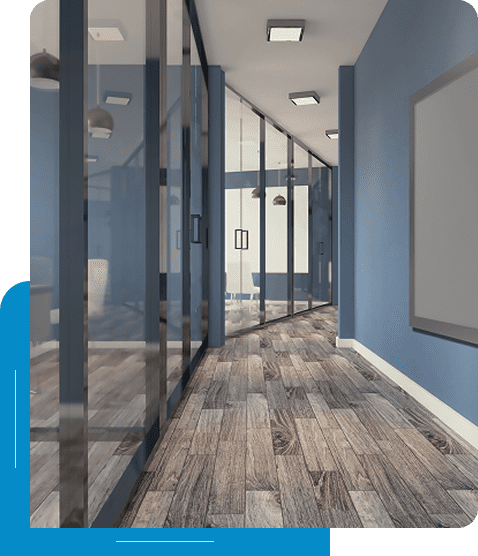 Modern hallway with glass walls and wooden flooring.