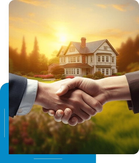 Two people shaking hands in front of a house at sunset.